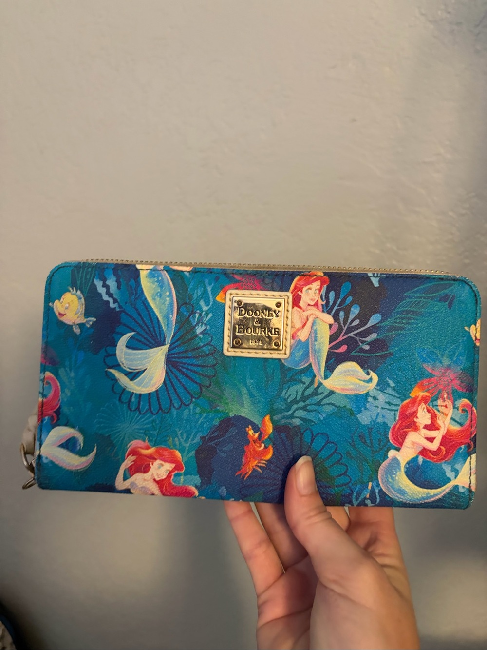 Dooney & Bourke Teal Mermaid Zip Card Wallet with Red Accents